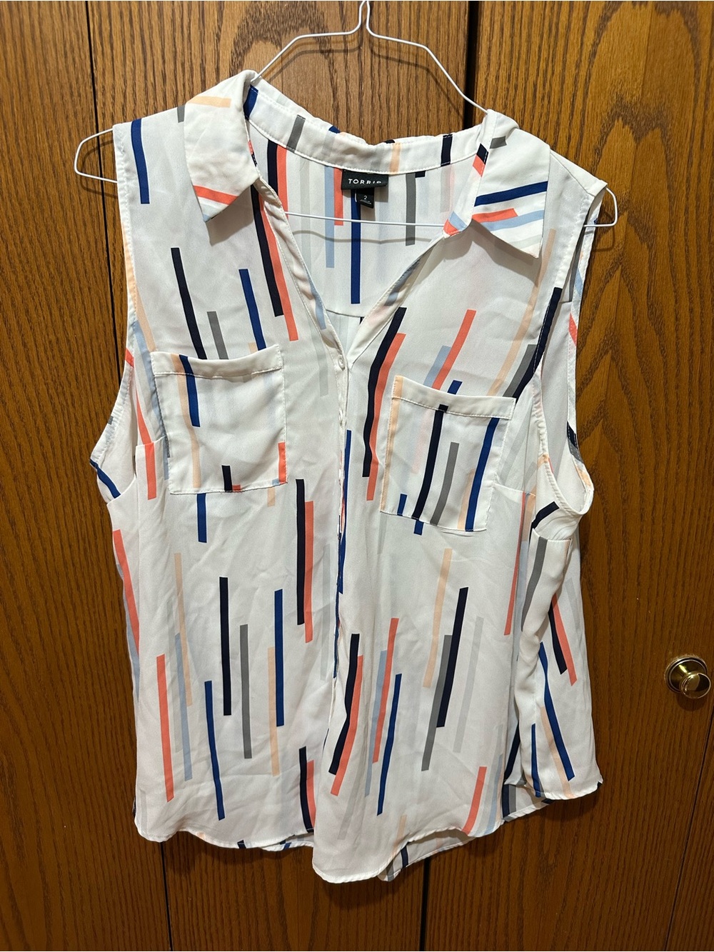 Torrid White Sleeveless Button-Front Top with Navy & Coral Stripe